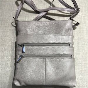Gray Crossbody Bag with Adjustable Strap and Pebbled Texture